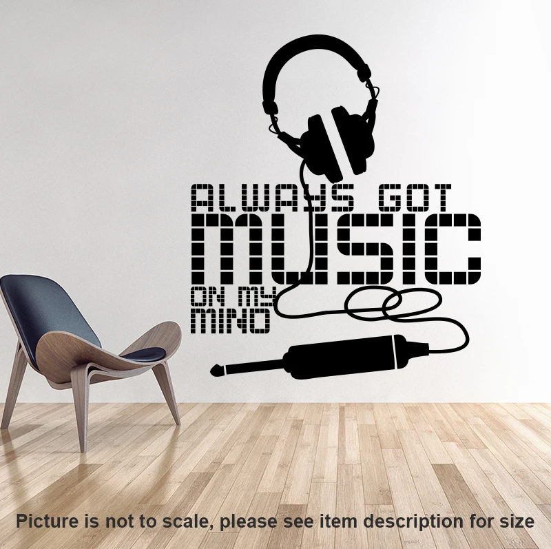 

Art New Design Allways Got Music On My Mind Wall Sticker Home Decor Headset Wall Decal Removable House Decoration Earphone Decal