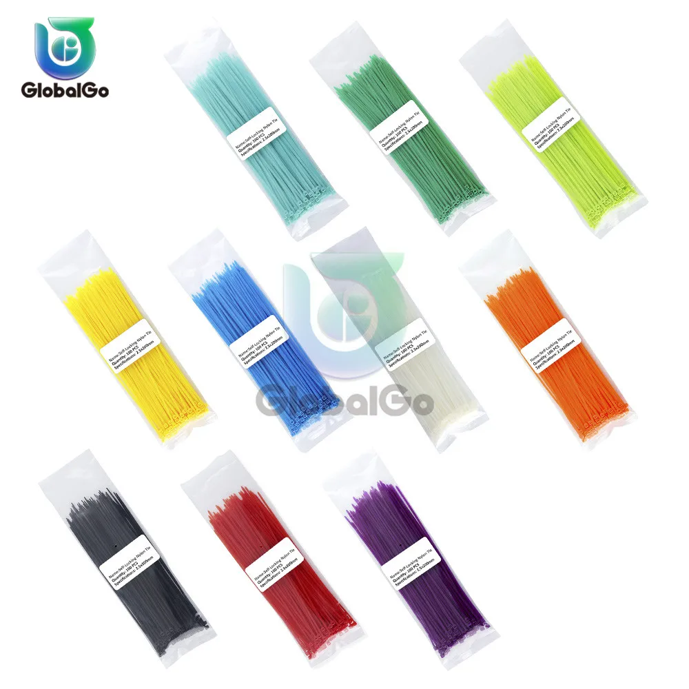 100pcs/Lot Self-Locking Plastic Nylon Wires Cables Zip Ties Cable Fasten Loop 13 Color 2.5*200mm Wiring Harness | Обустройство дома