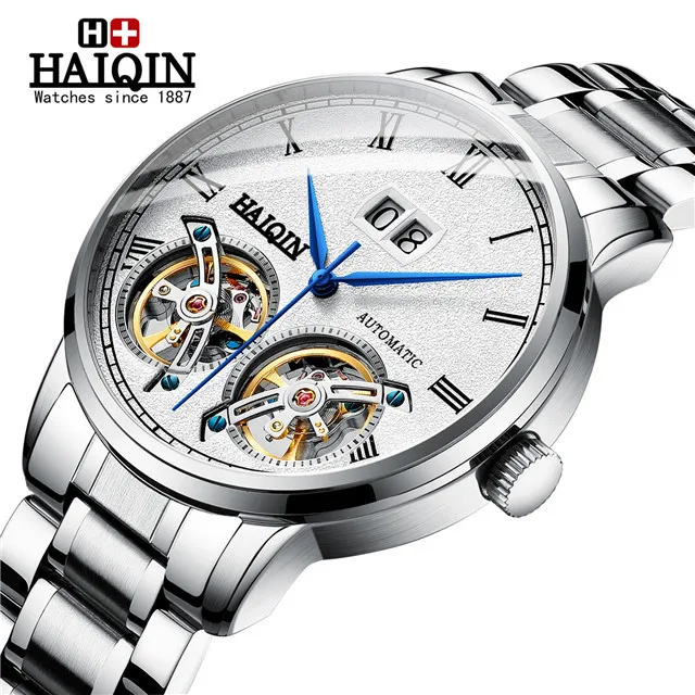 S-silver white Бизнес Автоматическая техника двойной турбийон часы для мужчин HAIQIN мужские s часы лучший бренд класса люкс военные спортивные часы reloj hombre - Color: S-silver white