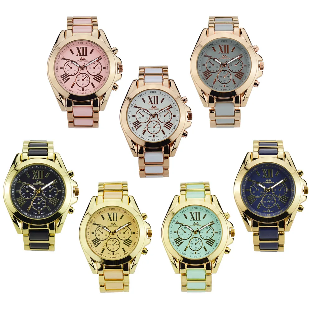 Горячая мода два тона Повседневная часы Аналоговые Кварцевые дамы Женева roman Watch