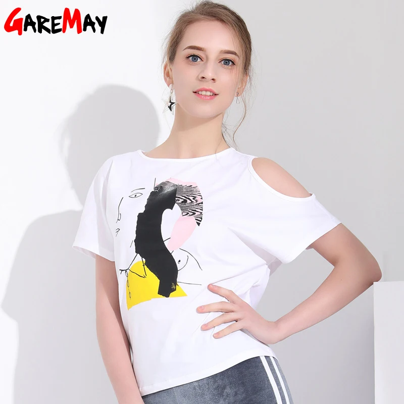 GAREMAY Summer T Shirt Women Funny Casual Print Tee Femme Sexy Off Shoulder Short Sleeves Slim Top O-Neck Female T-shirt | Женская