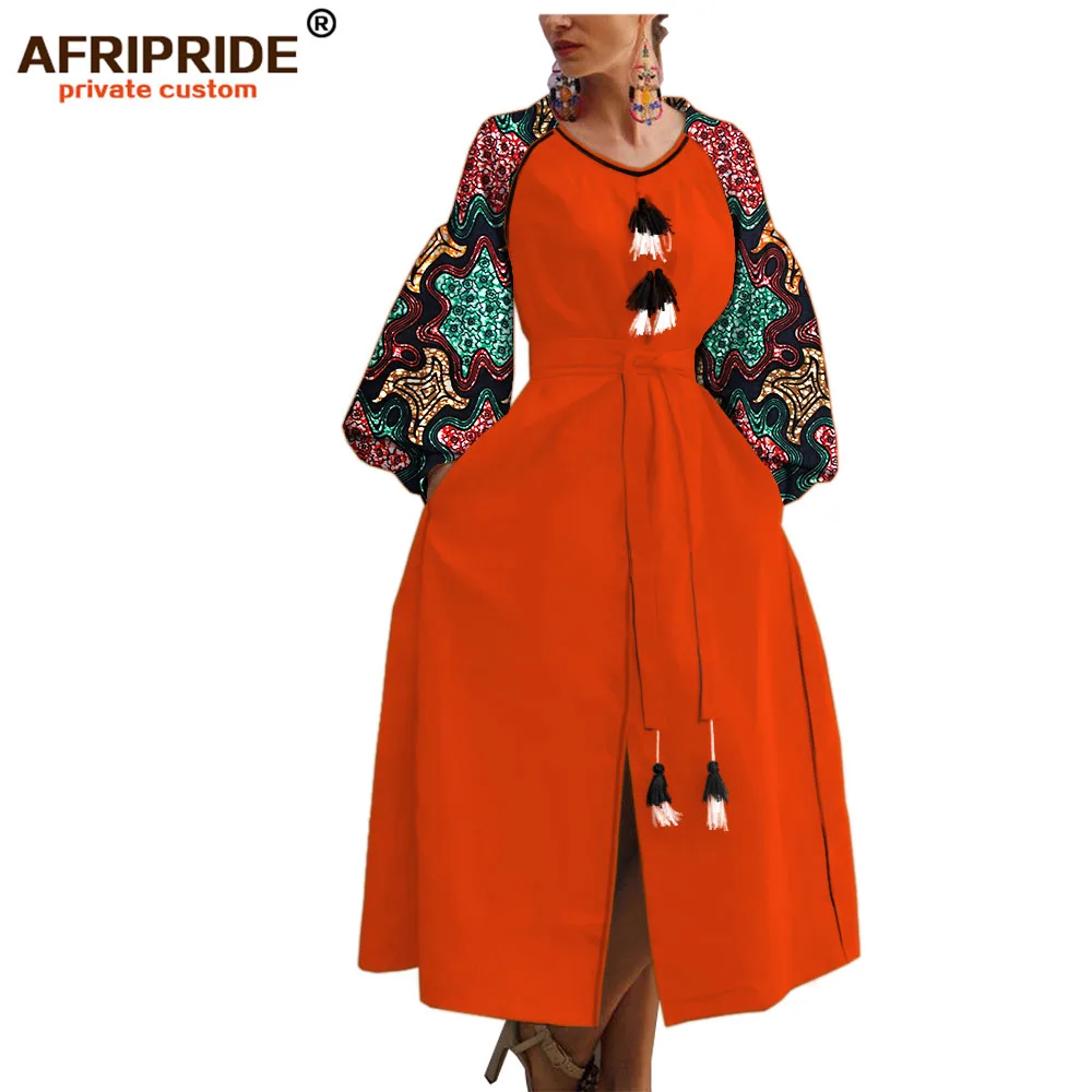 african print cloth casual dress for women AFRIPRIDE bazin richi lantern sleeves ankle length split women dress A1925016