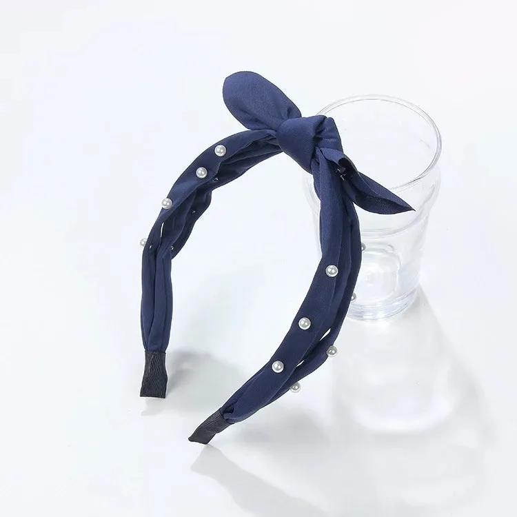 Navy blue Корейская повязка на голову с искусственным жемчугом для женщин и девушек, аксессуары для волос с кроличьими ушками, ювелирные изделия для волос, модные украшения для волос - Окраска металла: Navy blue