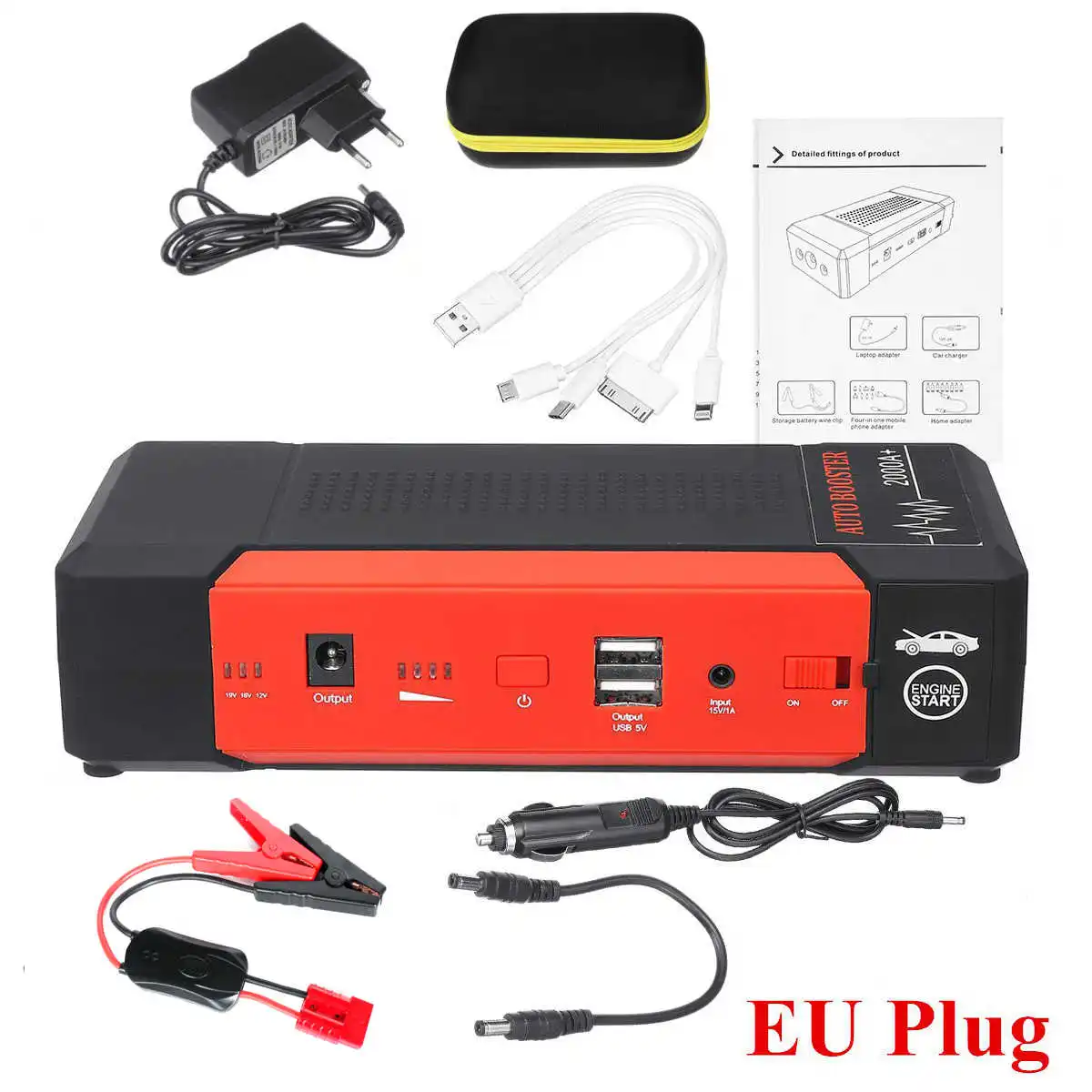 EU Plug Автомобильный стартовый двигатель, Мощность банк 2000A 24000 ма/ч, Портативный автомобиля Батарея усилитель Зарядное устройство 12V пусковое устройство бензин дизельный автомобиль - Цвет: EU Plug
