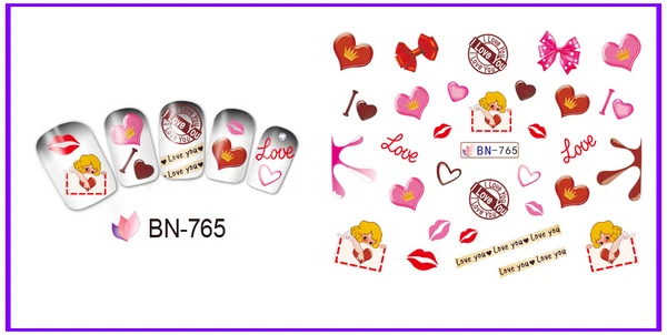 UPRETTEGO 12 упак./лот переводка NAIL ART Наклейки для ногтей на День святого Валентина свадьбы Kiss Bear сладкое сердце чашка любовь BN757-768