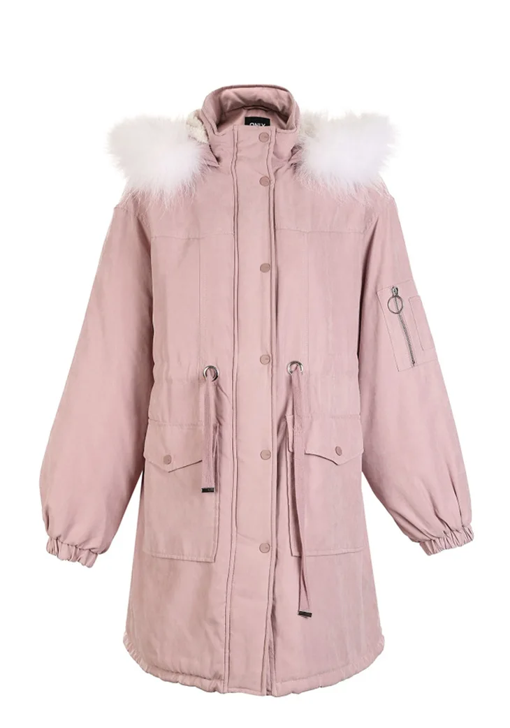 ONLY Women's Raccoon Fur Collar Cinched Waist Long Cotton Coat |118122501