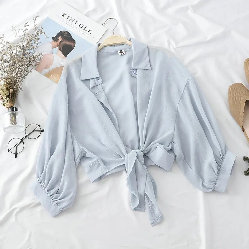 Women Blouse Shirt HISUMA женская летняя шифоновая рубашка с рукавом-фонариком спереди, на завязках, винтажный сексуальный короткий эластичный тонкий кардиган, блуза на пуговицах, топы - Цвет: Women Blouse Shirt