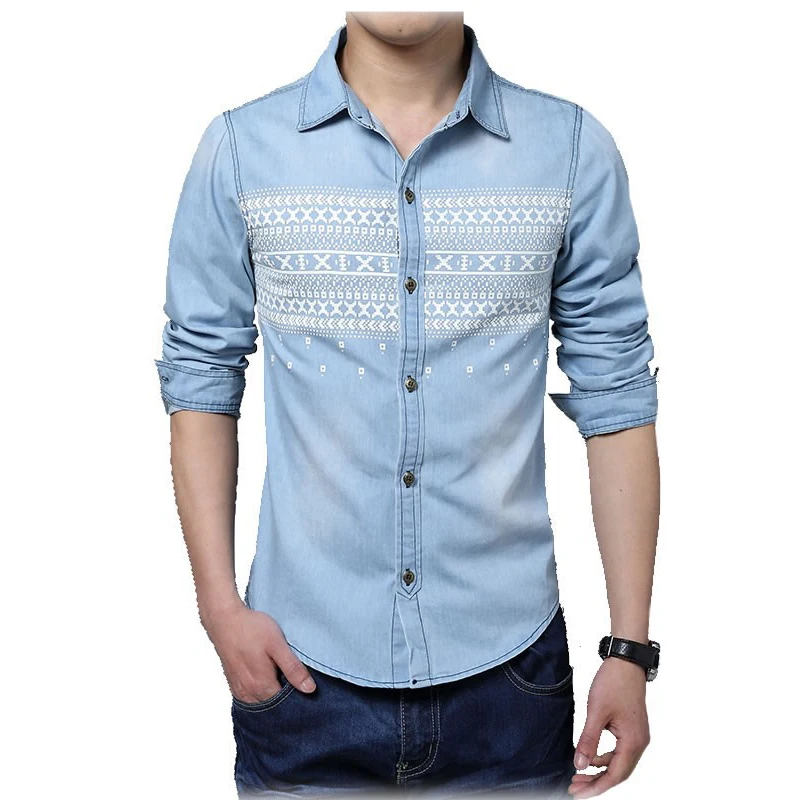 Рубашка мужская джинсовая с длинным рукавом 2017 хлопок 5XL|chemise homme|casual chemisemale slimming |