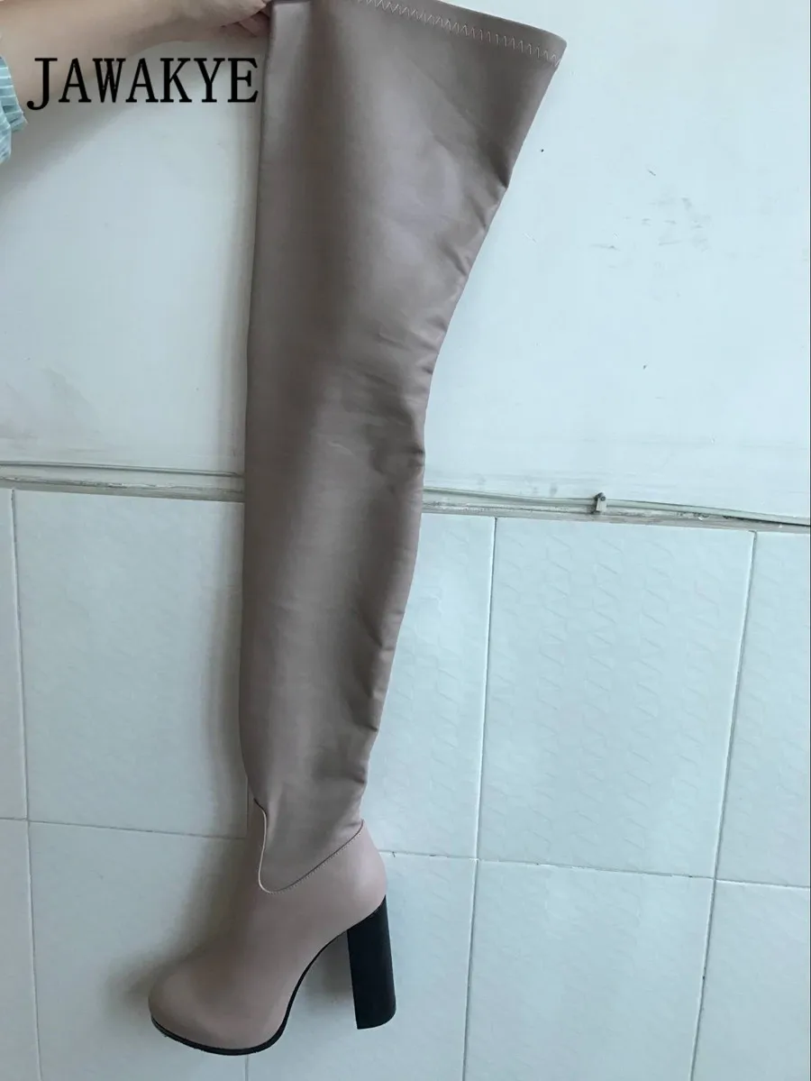 beige Пикантные однотонные Сапоги выше колена из натуральной кожи; женская обувь на очень высоком каблуке с круглым носком; модные эластичные высокие сапоги - Цвет: beige