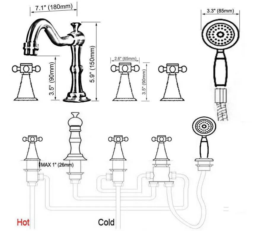 Смеситель для ванны с 5 отверстиями ручной кран из античной красной меди и латуни