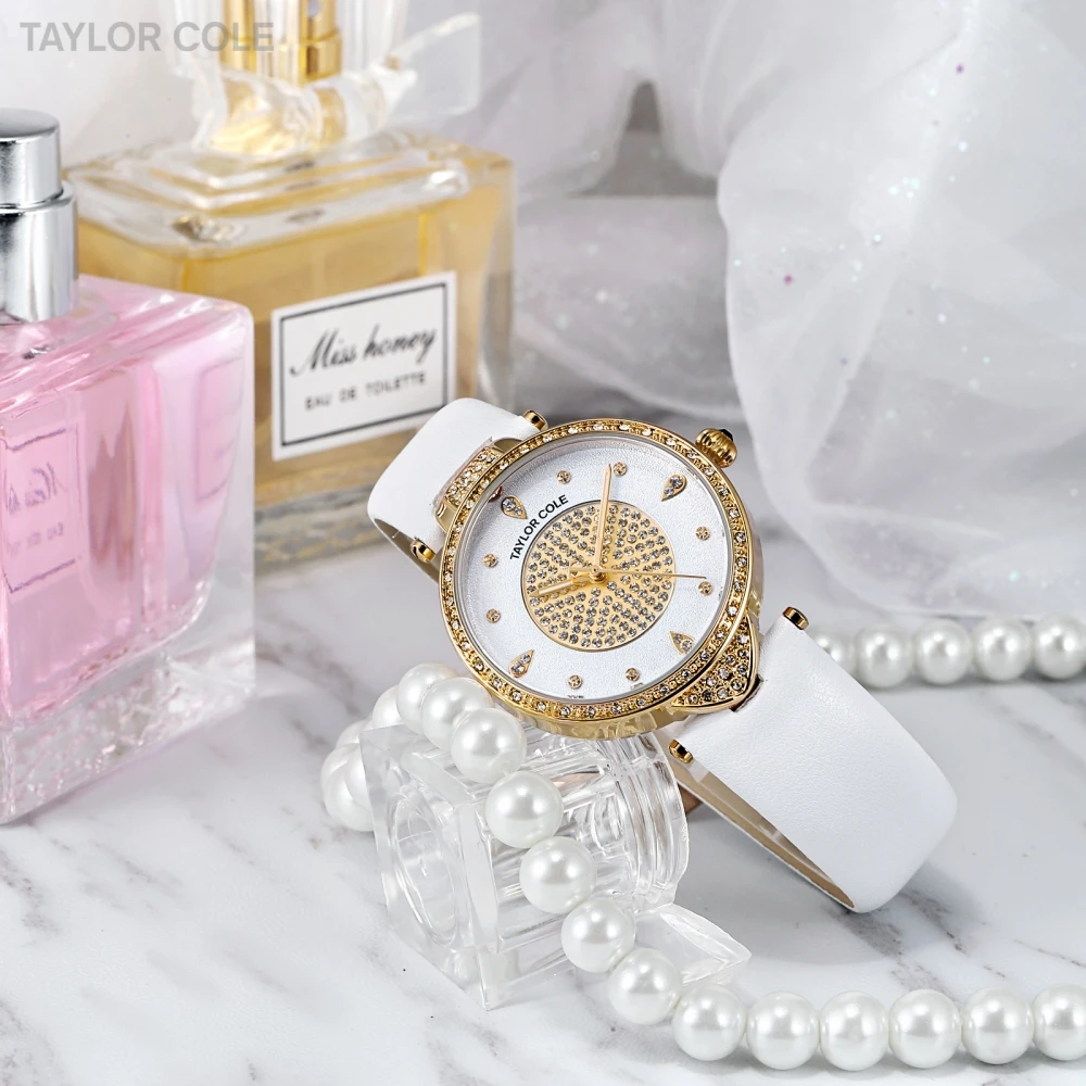 Новые золотые часы Taylor Cole женские модные чистый белый кожаный ремешок дамские