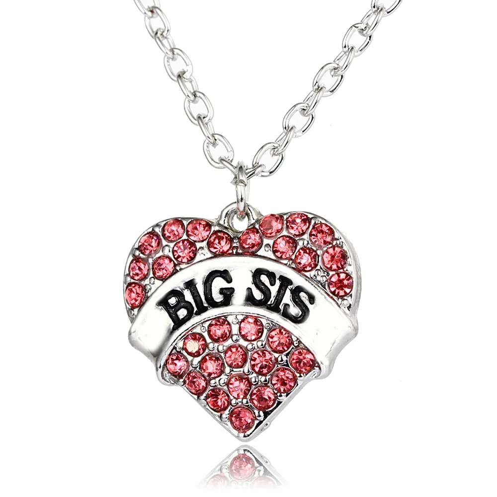 Silver Plated Friend Heart Pink Crystal Big sis Chic Engrave Fashion Pendant Necklace Chain Gifts Family Jewelry | Украшения и