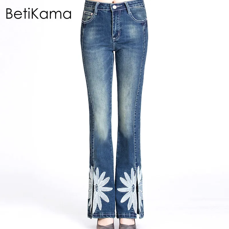 BetiKama/XS 6XL джинсы для мам с красивой цветочной вышивкой Винтажные эластичные