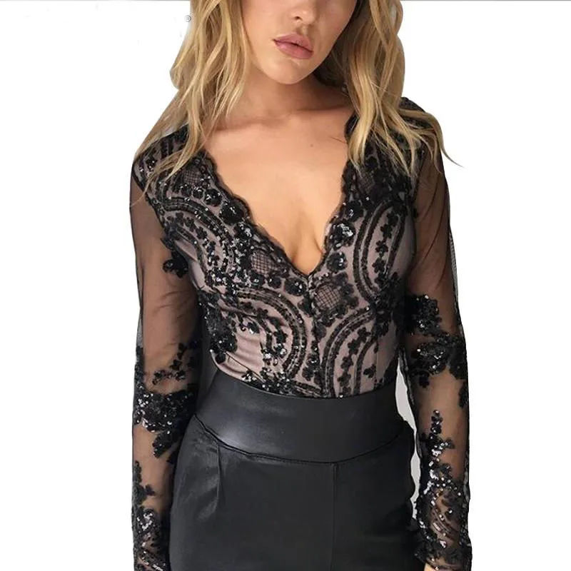 

Sexy Women V-neck Long Sleeve Mesh Patchwork Sequined Bodysuit Playsuit Clubwear Bodycon Floral Party Jumpsuit Romper Trousers