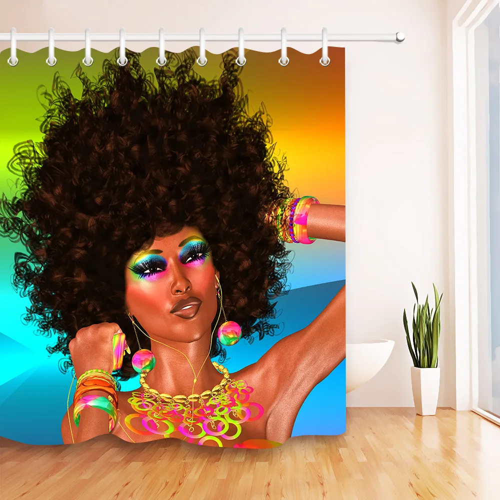 

LB 72'' Modern Afro Hair Girl Makeup African Woman Waterproof Shower Curtain Polyester Fabric Bathroom Curtain For Bathtub Decor