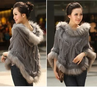 fahion luxury womens genuine real rabbit fur raccoon fur trimming knitted pullovers stole cape poncho wraps sweatercoat