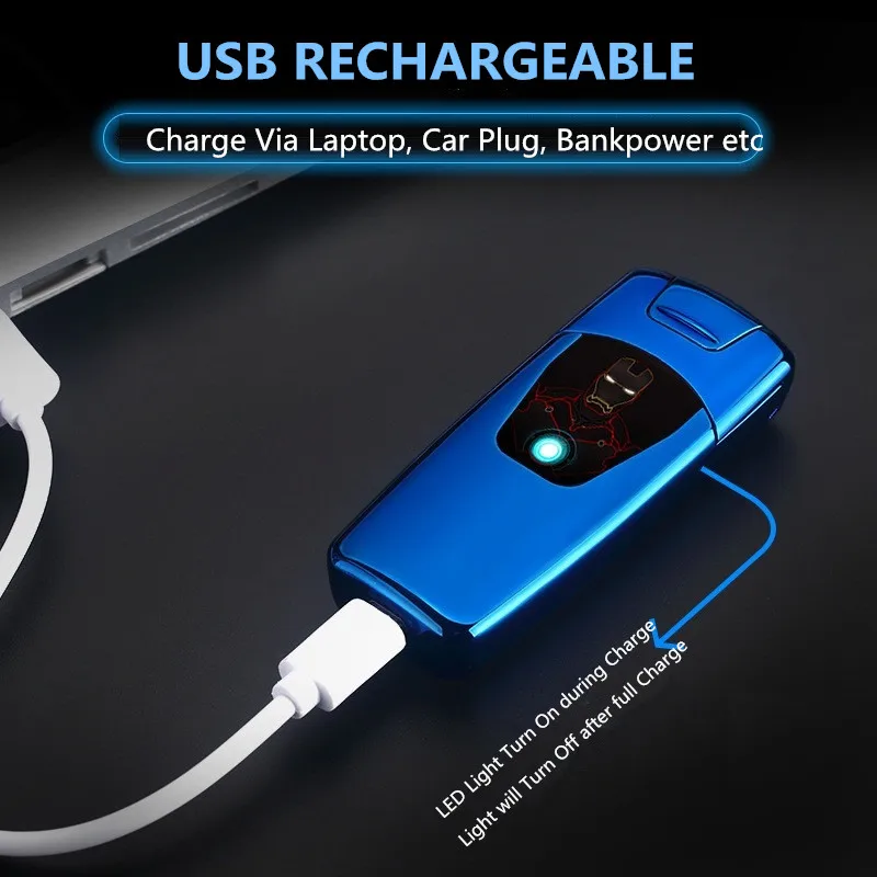 Роскошная электрическая зажигалка iron man с двойной дугой, USB перезаряжаемая Зажигалка для сигарет, плазменная дуговая Зажигалка для сигар, гаджеты для мужчин, подарки