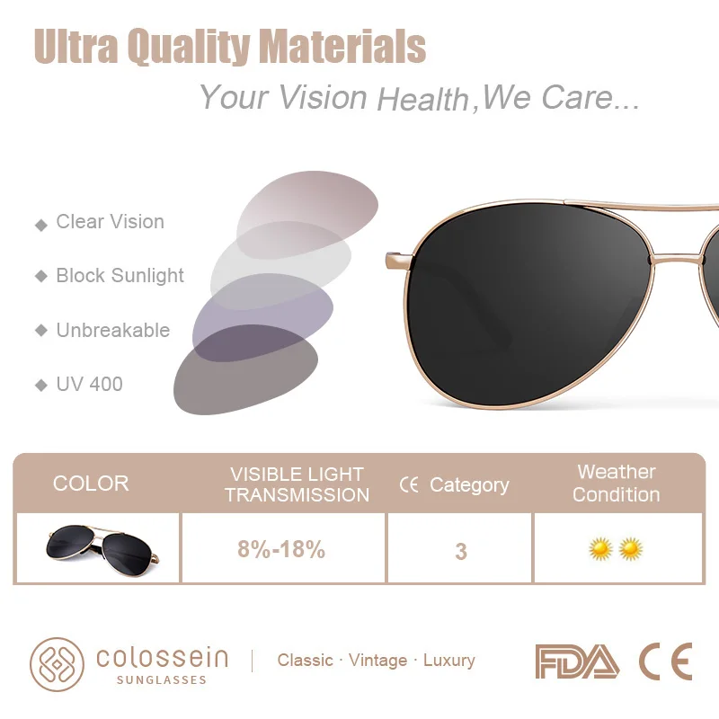 Мужские и женские солнцезащитные очки COLOSSEIN Модный стильный светильник с золотой