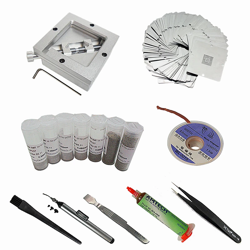 

24pcs/lot 90*90mm BGA Reballing Jig Kit 7pcs 25K Solder Ball 10pcs 90mm BGA Universal Heating Stencils 223 Flux ESD-10 Tweezers