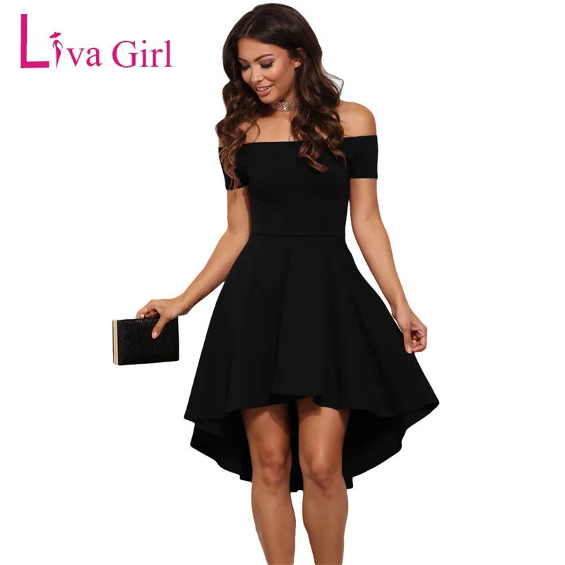 Black LIVA GIRL Элегантное летнее вечернее платье для вечеринки, женское Милое сексуальное платье с открытыми плечами и широким подолом, синее/черное/красное женское расклешенное платье - Цвет: Black