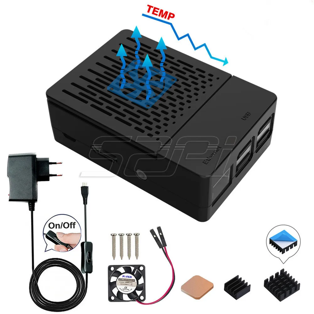 Black with Adapter 52Pi ABS черный/белый цвет чехол Корпус крышка комплект с радиаторы и охлаждающим вентилятором для Raspberry Pi 3 Модель B+/3/2 Модель B - Цвет: Black with Adapter