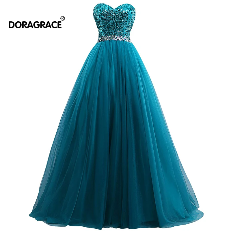 Doragrace Glamorous A Line Sweetheart Tulle Skirt Crystal Sequins Evening Gowns Prom Dresses Plus Size | Свадьбы и торжества