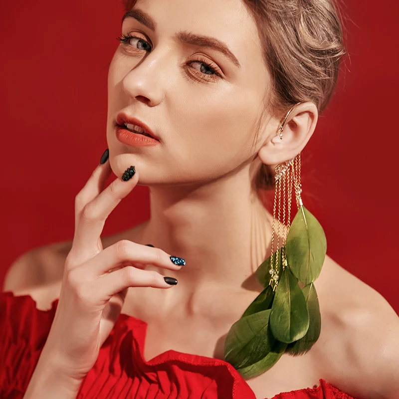 6 цветов длинные серьги с зеленым пером на застежке вечерние ювелирные изделия