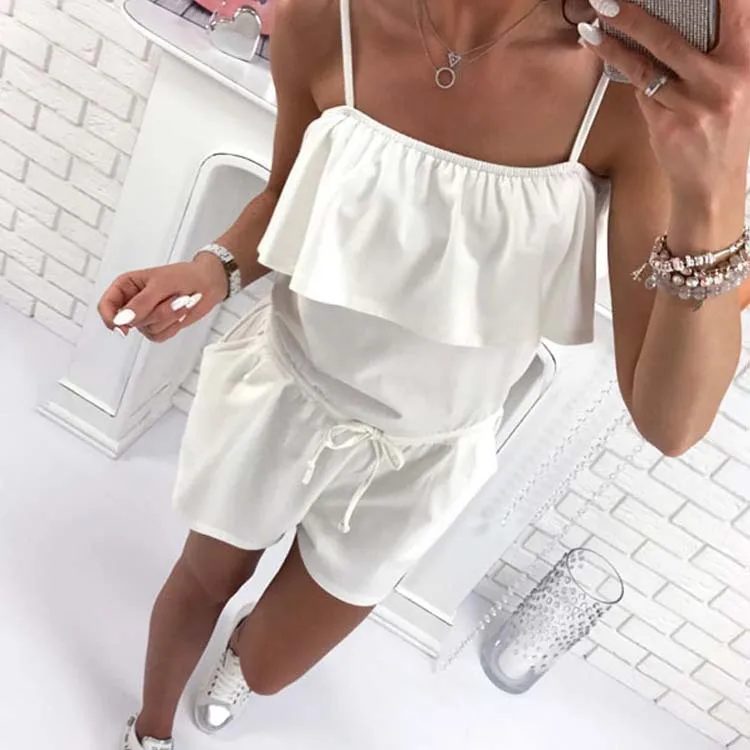 Женский комбинезон на бретелях спагетти однотонный Свободный с круглым вырезом