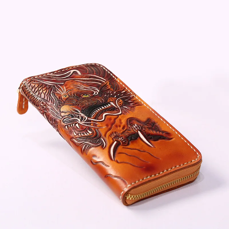 

Handmade Wallets Bag Carving Chinese Dragon Brave troops Purses Men Long Clutch Vegetable Tanned Leather Free Design Gifts