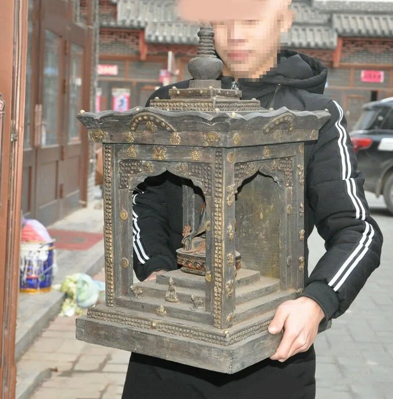 

wedding decoration Tibetan temple Old wood Bronze Painted Shakyamuni Medicine Buddha Shrines statue