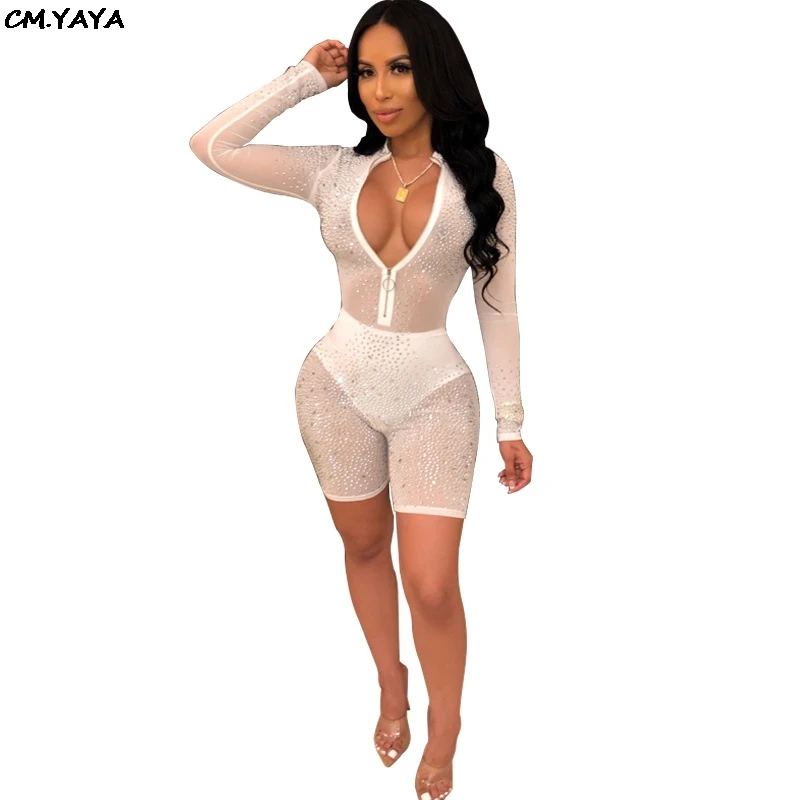 women summer hot drilling rhinestones deep v-neck bodycon skinny mesh see though playsuit sexy short jumpusit rompe GLM2715