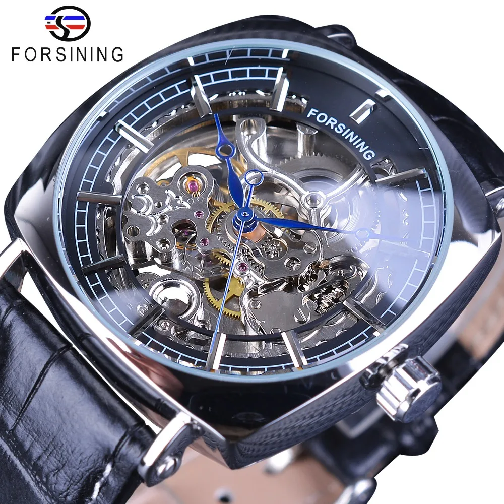 

Forsining Fashion 2018 Design Black Silver Skeleton Leather Belt Square Dial Mens Mechanical Automatic Watches Top Brand Luxury