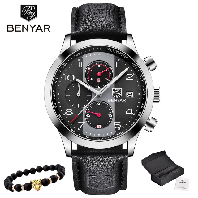 BENYAR новые модные спортивные часы с хронографом для мужчин с кожаным ремешком брендовые деловые кварцевые синие мужские наручные часы Relogio Masculino - Color: black