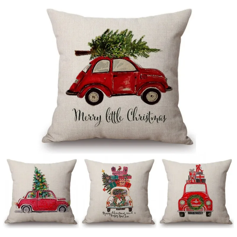 

Fashion Watercolor Christmas Cars Printed Cushion Cover Home Decorative Sofa Coffee Car Chair Throw Pillow Case Almofada Cojines
