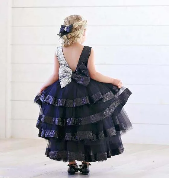 Sparkly High low Bling silver and black sequins V-neck flower girl dress tired toddler baby birthday party evening gown with bow | Детская