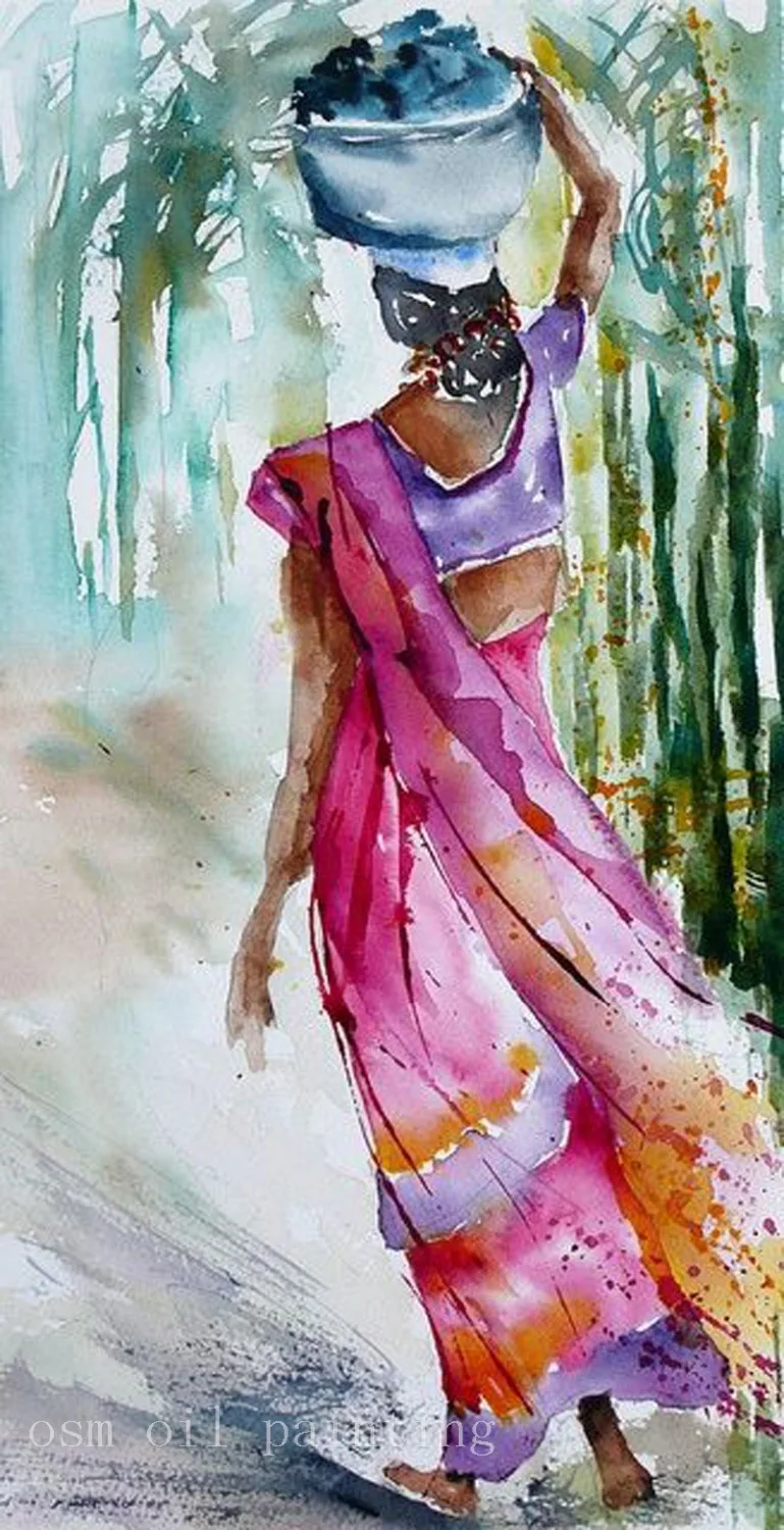 Handmade Calligraphy Home Decoarative Wall Artwork Picture Hand Painted Watercolor Portrait Hindu Woman Oil Painting on Canvas | Дом и сад