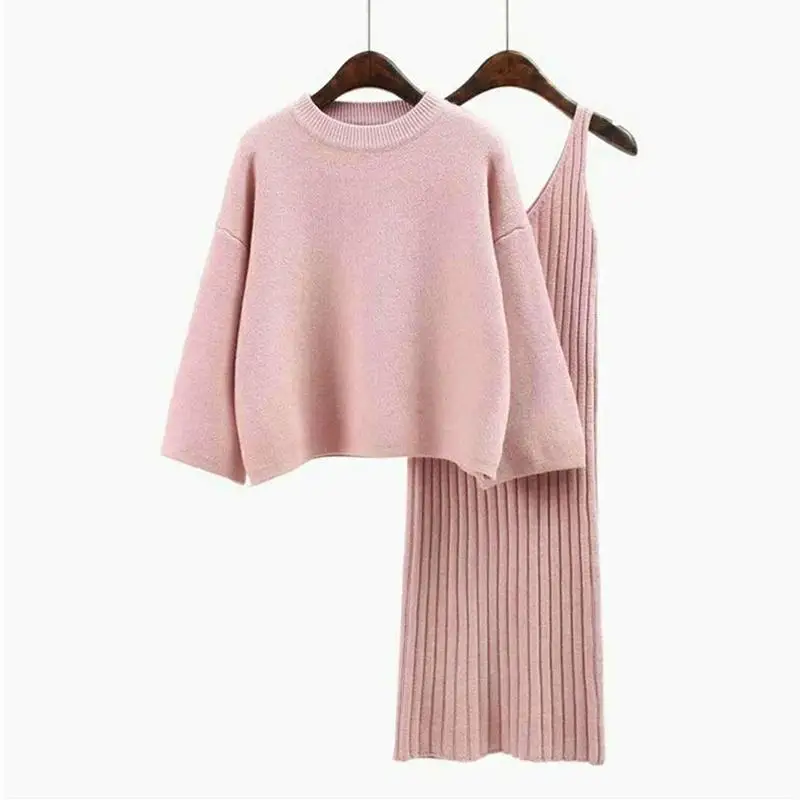 Ly Varey Lin Autumn Winter Womans Sweater+ Straped Mini Dress Sets Solid Color Casual Loose Knitted Sweater Two-pieces Suits - Цвет: Pink