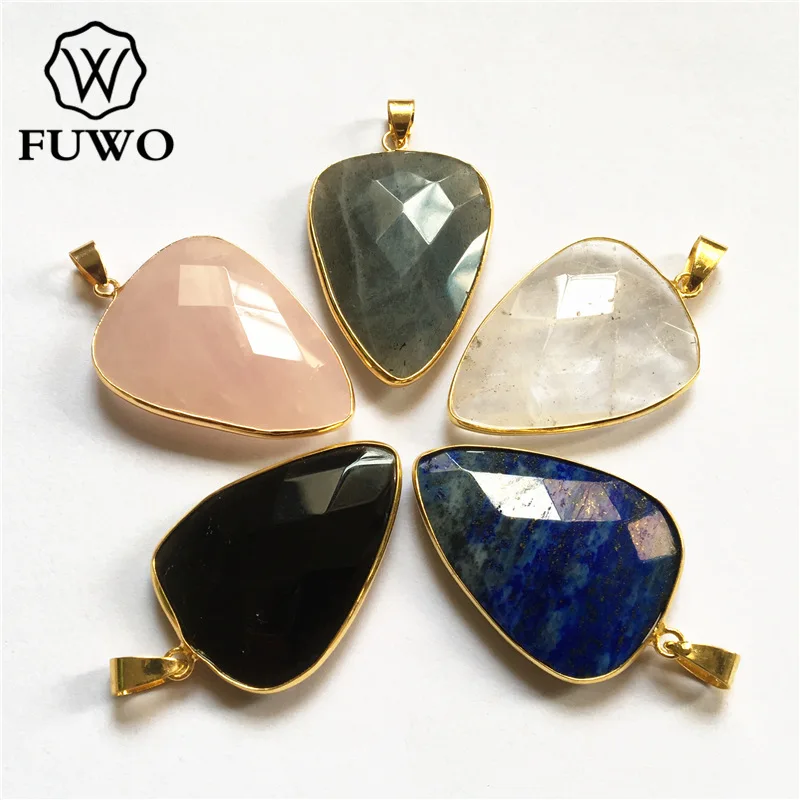

FUWO Fashion Quartz Triangular Pendant With Gold Trimmed Faceted Natural Stone Jewelry Findings Wholesale PD217