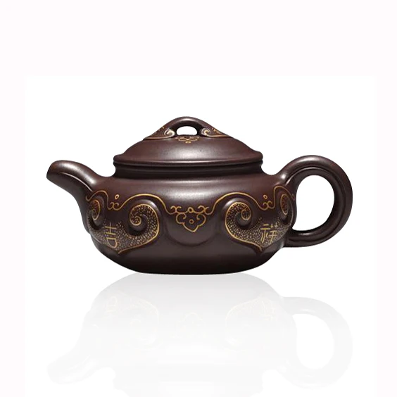 

2018 Yixing teapot authentic master Wang Hongjuan all handmade ore quality old purple mud painted gold antique wishful teapot