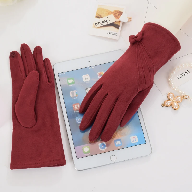 Red LongKeepr женские Сенсорный экран перчатки Модные зимние теплые замшевые с бантом мягкие наручные варежки сплошной Цвет полный палец guantes Luvas - Цвет: Red