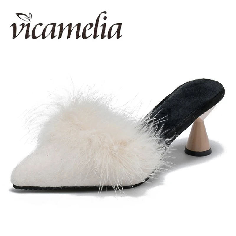 Vicamelia/женские шлепанцы на среднем каблуке женские с острым носком из флока