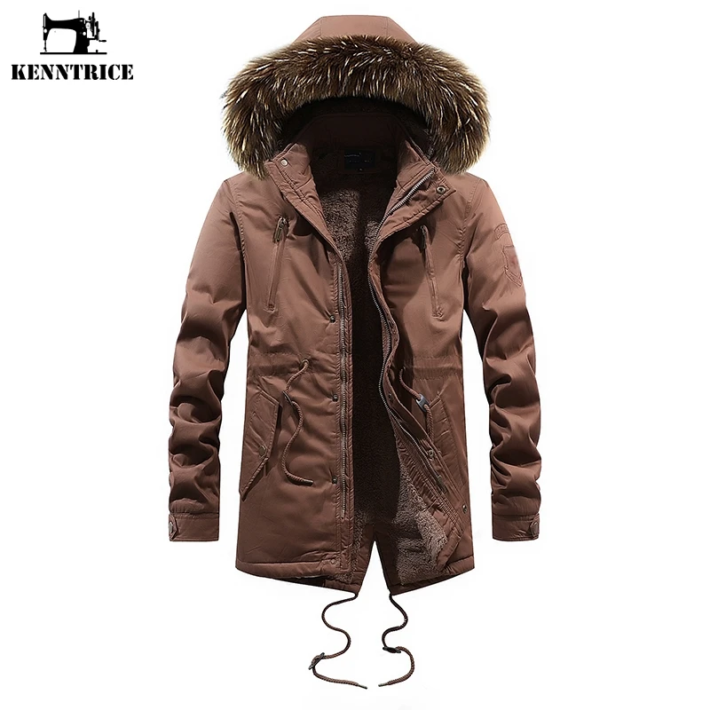 KENNTRICE Winter Coat Men Fur Collar Hooded Long Jacket Keep Warm Vintage Windbreaker Mens Outerwear | Мужская одежда