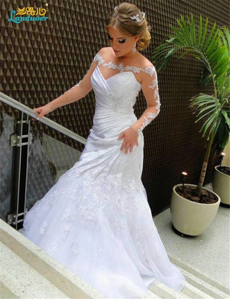 Сексуальные длинные рукава Свадебные Платья 2017 русалка Аппликация Кружева Из