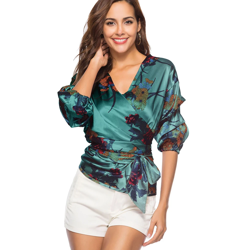 Elegant Women Spring Summer Shirts Boho Style Floral Print Chiffon Tops Blouse V-neck Belt-Bow Shirt Fashion Women's clothing |