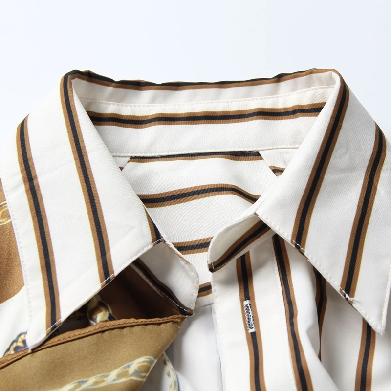 

OXANT Women's Long Shirt Spring/summer 2019 New Independent Design Niche Western Silk Scarf Stripe Long-sleeve Stitching Blouse