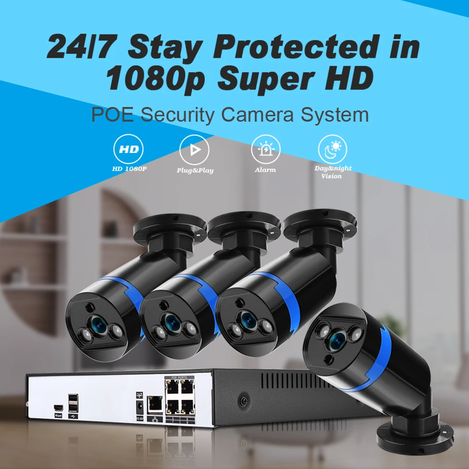 Камера видеонаблюдения BESDER Full HD 1080P 4 канала PoE 48 В 1080P|nvr with poe|nvr 1080pnvr poe |