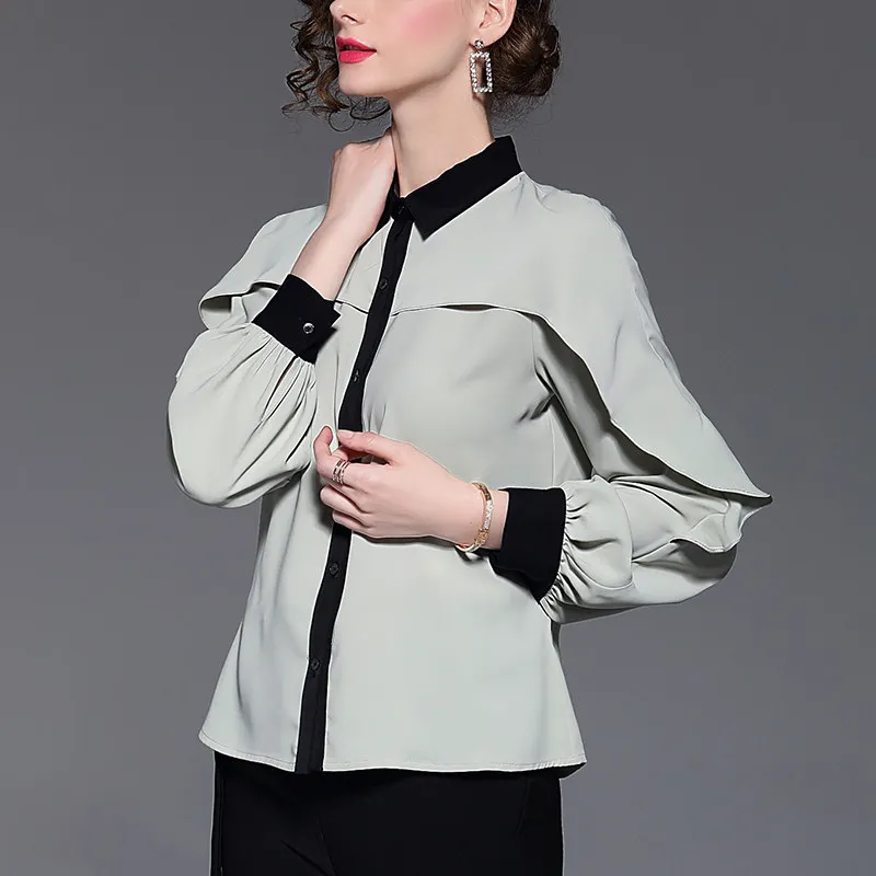 Элегантная зеленая модная шифоновая рубашка с оборками Женская Повседневная