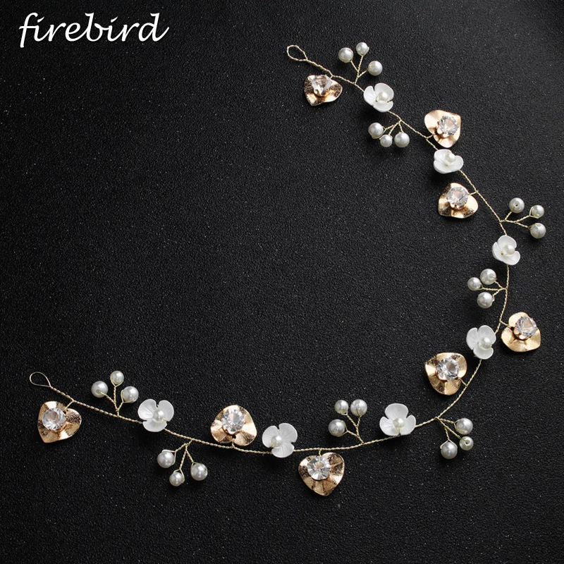 Luxury Handmad Gold Alloy Leaves Crystal Bridal Headband Headpiece Women's Pearl Flower Tiara Hair Vine Wedding Accessories | Украшения