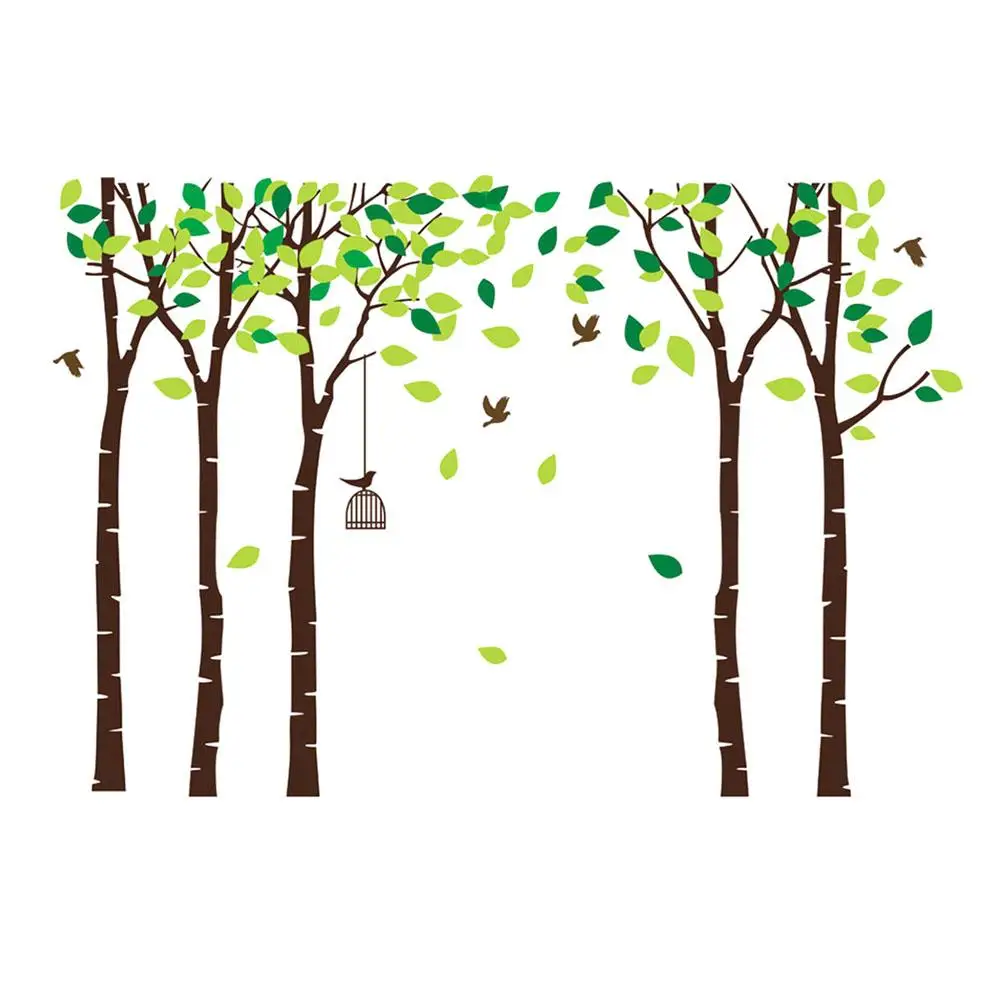 Large Background Wall Sticker 5 Trees Hanging Cage Flying Birds Tree Wall Stickers Baby Nursery Backdrop Decor Wall Decal
