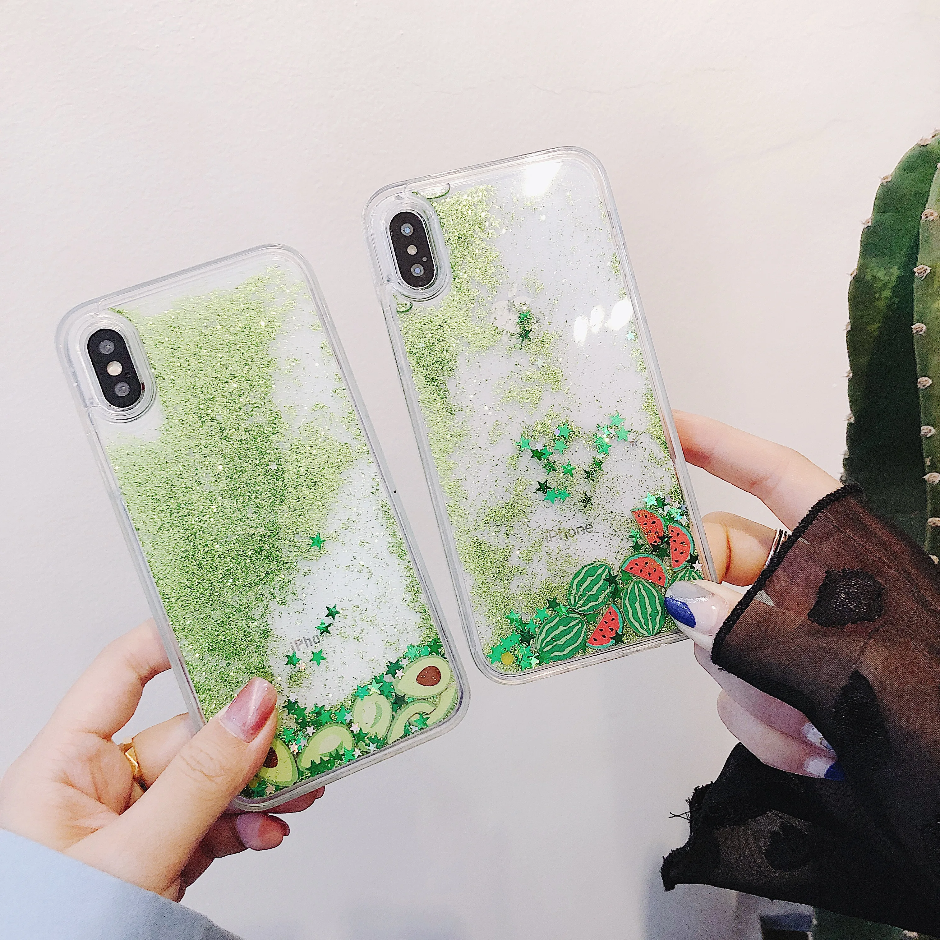 Блестящий чехол с сияющими блестками арбузом авокадо для iPhone XR X XS Max Flower Liquid Fruit Back